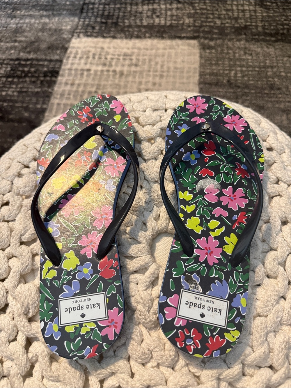 kate spade Black Floral Flip Flops with Multicolor Flowers